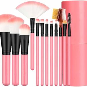 Professional Luxury Makeup Brush Set with Storage Box - 12 Piece Pink Brushes Makeup Kit for Girls (Pack of 12)